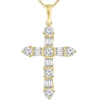 2.05 ct t.w. Ladies Round and Baguette Cut Diamond Cross Pendant Necklace in Yellow Gold